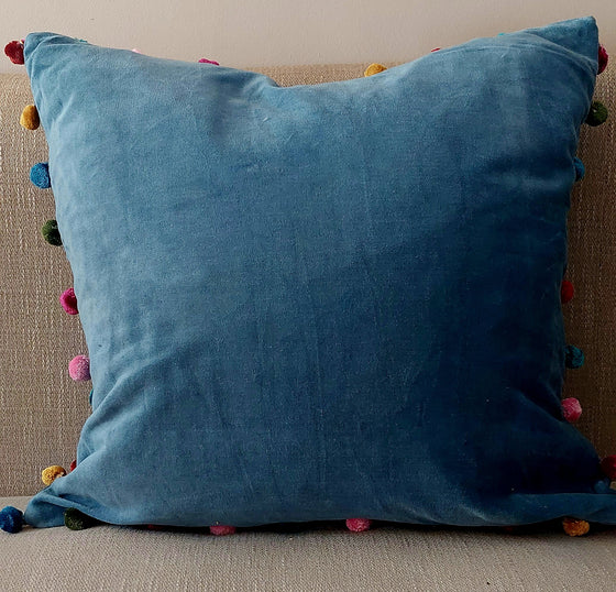 Lilac Cotton Velvet Square Cushion With Pom Poms 50 x 50 cm