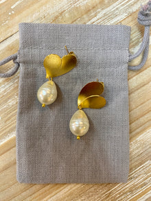  Bronze Double Leaf Pearl Drop Earrings
