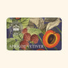 Soap bar with apricot and vetiver design and Kew Gardens logo on a beige background