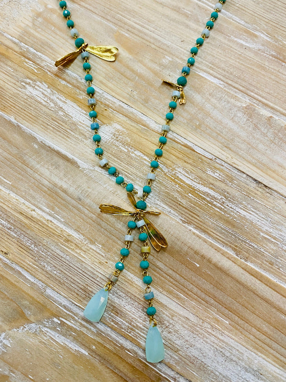 Aqua Crystal Dragonfly Lariat Necklace