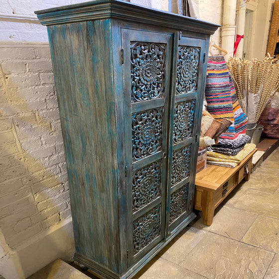 Blue Painted Tall Carved Mango Wood Cabinet