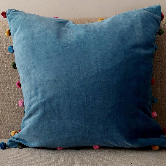 Blue Cotton Velvet Square Cushion - Jaipur Collection