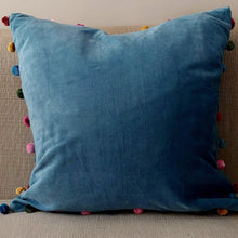  Denim Blue Cotton Velvet Square Cushion With Pom Poms 50 x 50 cm