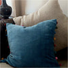 Denim Blue Cotton Velvet Square Cushion With Pom Poms 50 x 50 cm