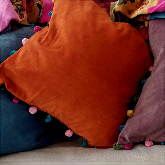Rust Cotton Velvet Square Cushion With Pom Poms 50 x 50
