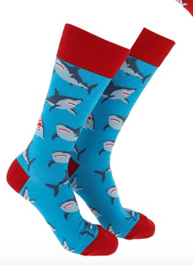 Shark-themed socks with red accents on a white background