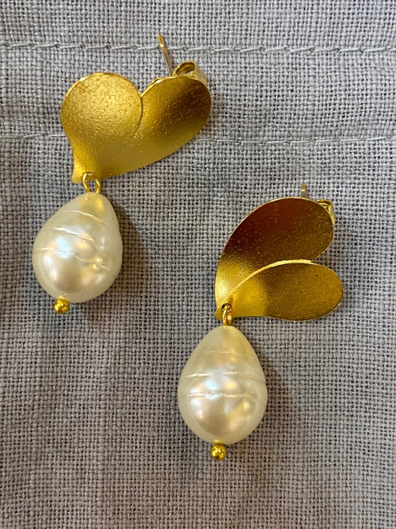 Bronze Double Leaf Pearl Drop Earrings