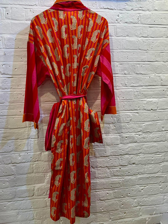 Cotton Pink & Orange Cheetah Kimono with Pouch