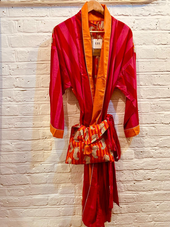 Cotton Pink & Orange Cheetah Kimono with Pouch