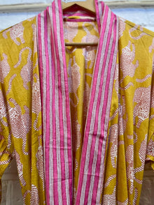  Cotton Yellow & Pink Cheetah Kimono with Pouch