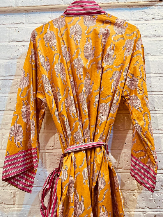 Cotton Yellow & Pink Cheetah Kimono with Pouch