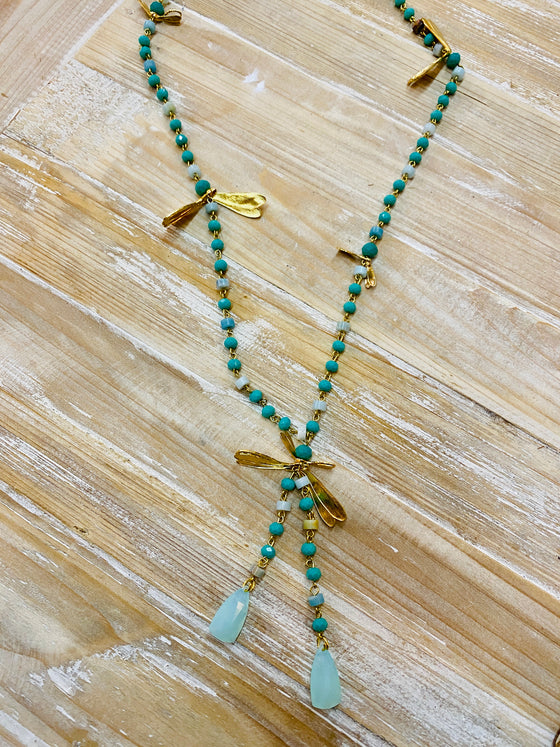 Aqua Crystal Dragonfly Lariat Necklace