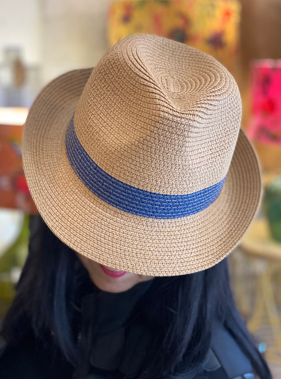 Foldable Brown Trilby Natural With Navy Band & Bag