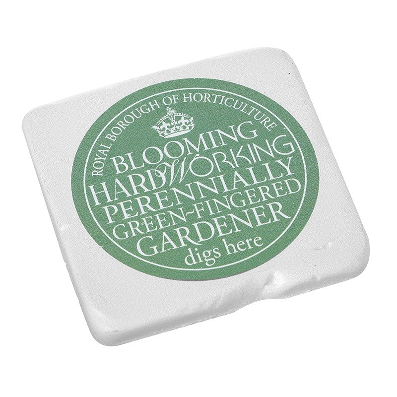 green coaser Square stone with text 'Blooming Hardy Working Perennially Green-Fingered Gardener digs here' on a white background