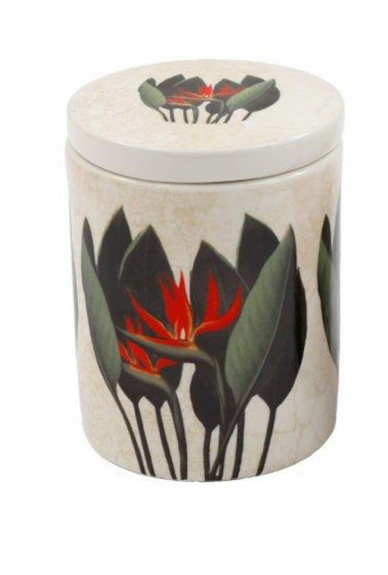 Decorative ceramic jar with floral design on a white background