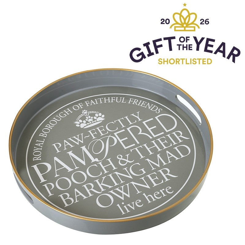 Gray tray with humorous text design and 'Gift of the Year' shortlisted badge on a white background