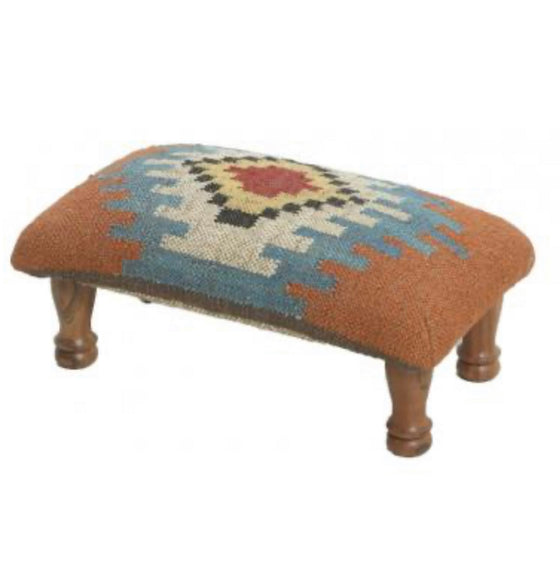 Hand Woven Green Kilim Rectangle Footstool