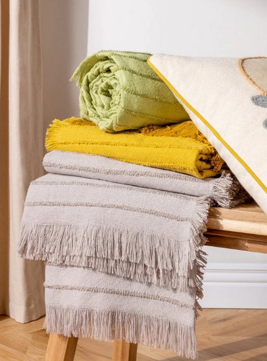 blankets,Hazie Woven Fringed Throw Griege