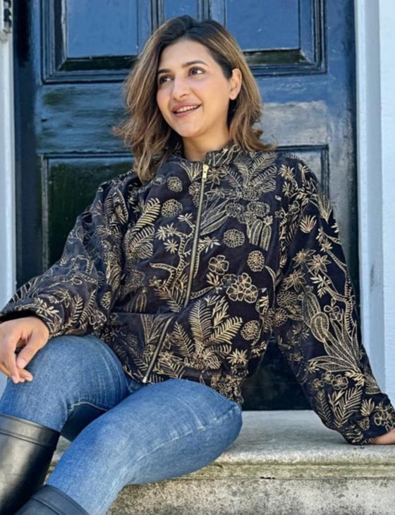 Gold Embroidered Black Velvet Bomber Jacket