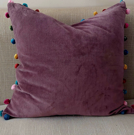 Denim Blue Cotton Velvet Square Cushion With Pom Poms 50 x 50 cm