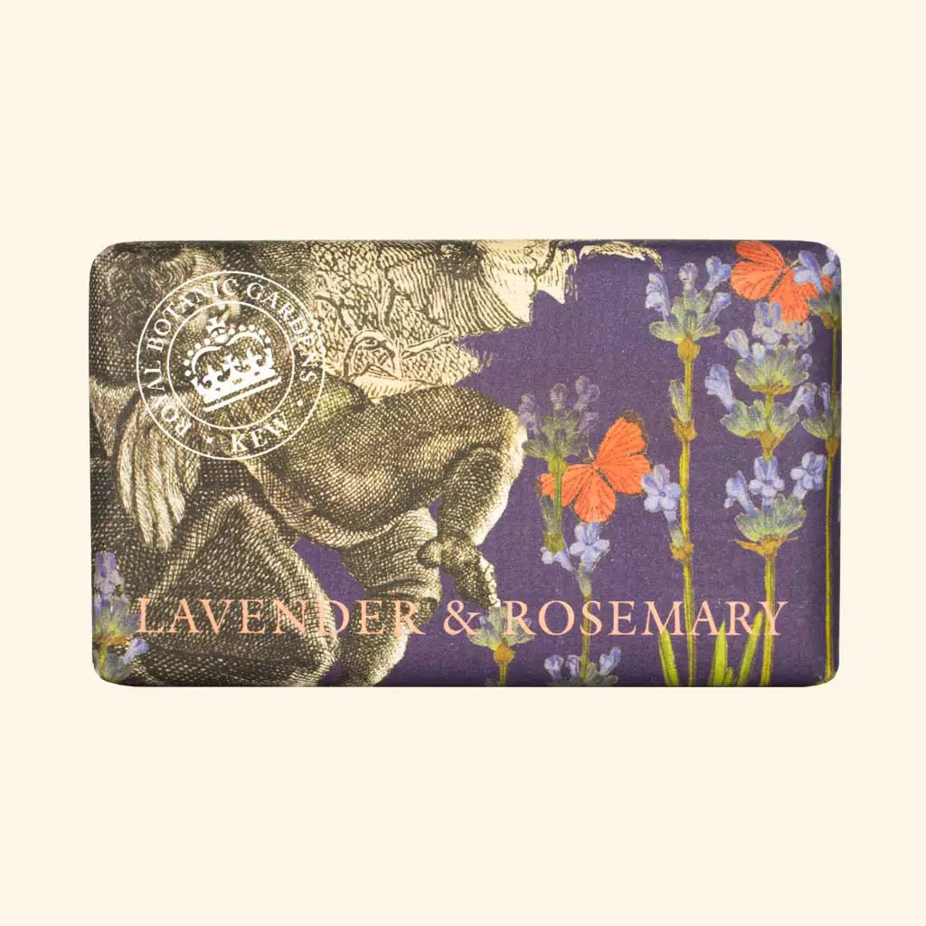 Bar of soap with lavender and rosemary design on a white background