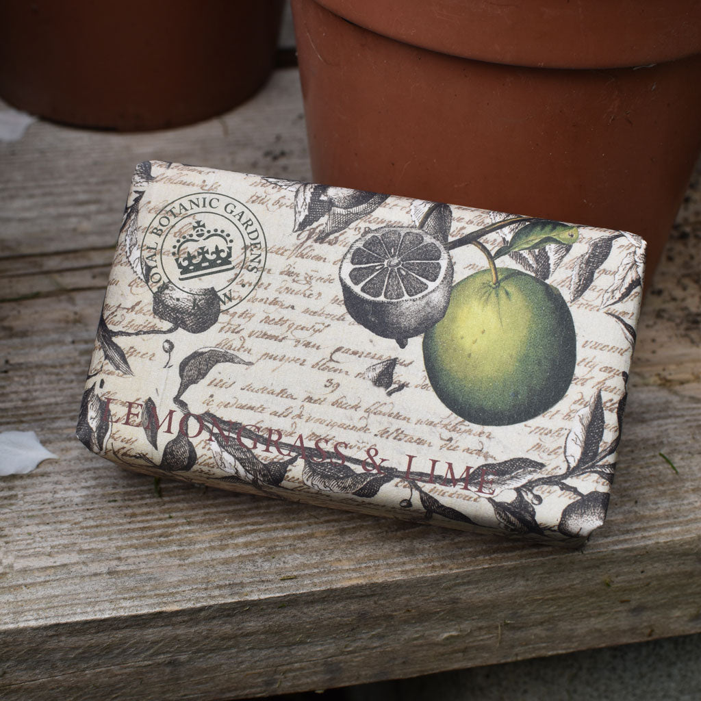 Bar of soap with botanical design on packaging, placed on a wooden surface.