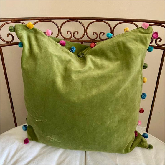 Olive Green Cotton Velvet Cushion with Pom Poms 50 x 50 cm