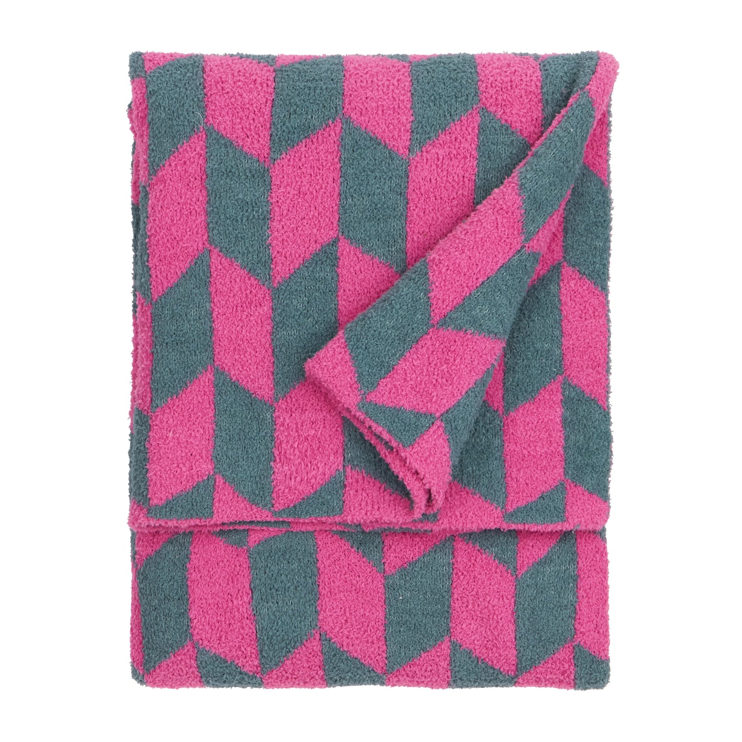 Folded pink and gray geometric patterned blanket on a white background