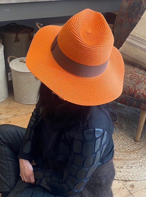 Orange Folding Panama Hat with Bag