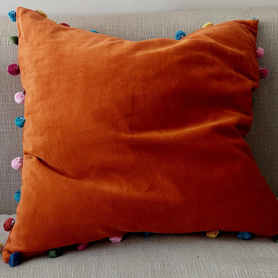 Rust Cotton Velvet Pom Pom Square Cushion 50 x 50 cm