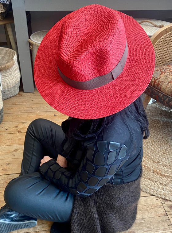 Red Folding Panama Hat with Bag