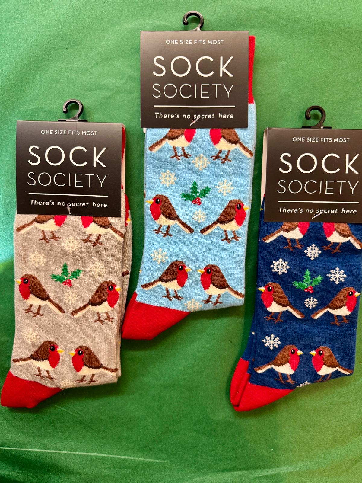 Three pairs of socks with robin designs on a green background, branded as Sock Society.