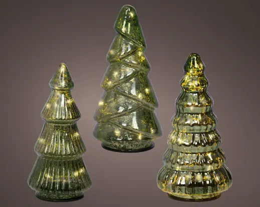 Set Of 3 Glass Led Trees Green