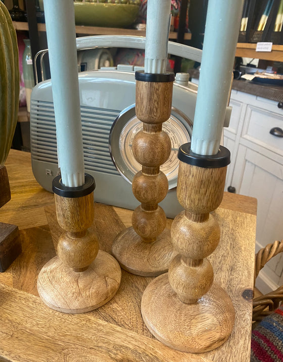 Set of Three Light Mango Wood Candlesticks