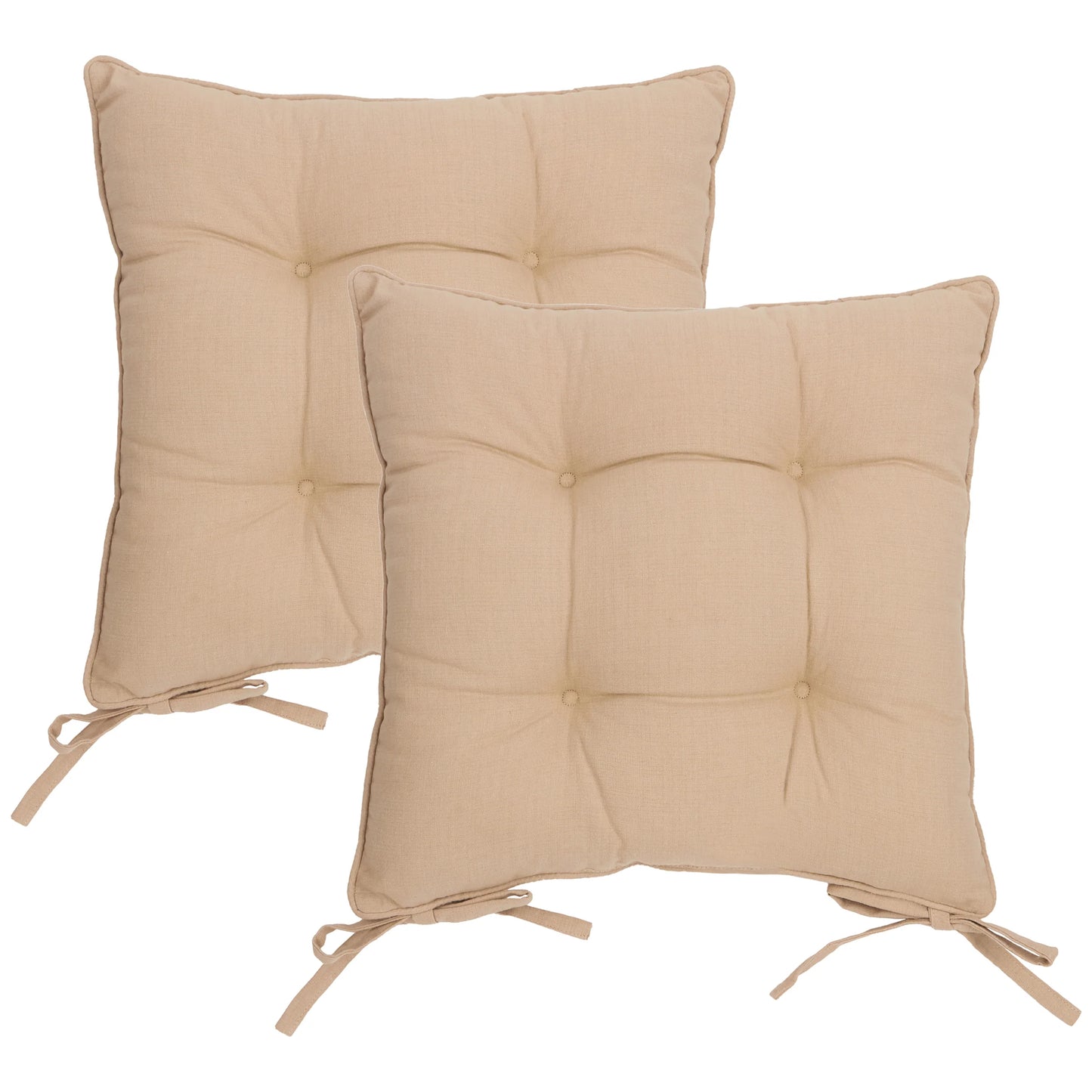 Two beige cushion pads with ties on a white background