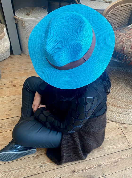 Turquoise Folding Panama Hat with Bag