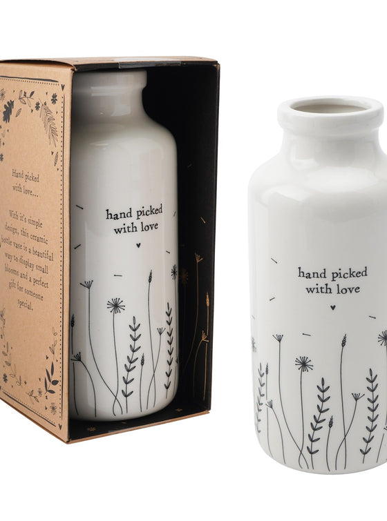 White Ceramic Bottle Vase "Hand Picked With Love"