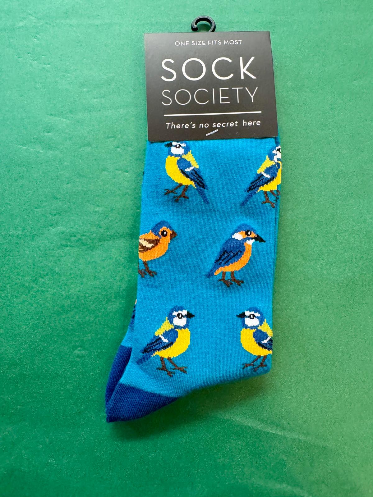 Blue socks with bird pattern on a green background, featuring Sock Society packaging.