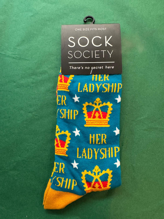 Sock Society sock with 'Her Ladyship' text and crowns 