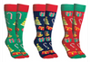 Three pairs of Christmas-themed socks in green, blue, and red with festive patterns on a white background.