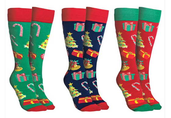 Three pairs of Christmas-themed socks in green, blue, and red with festive patterns on a white background.