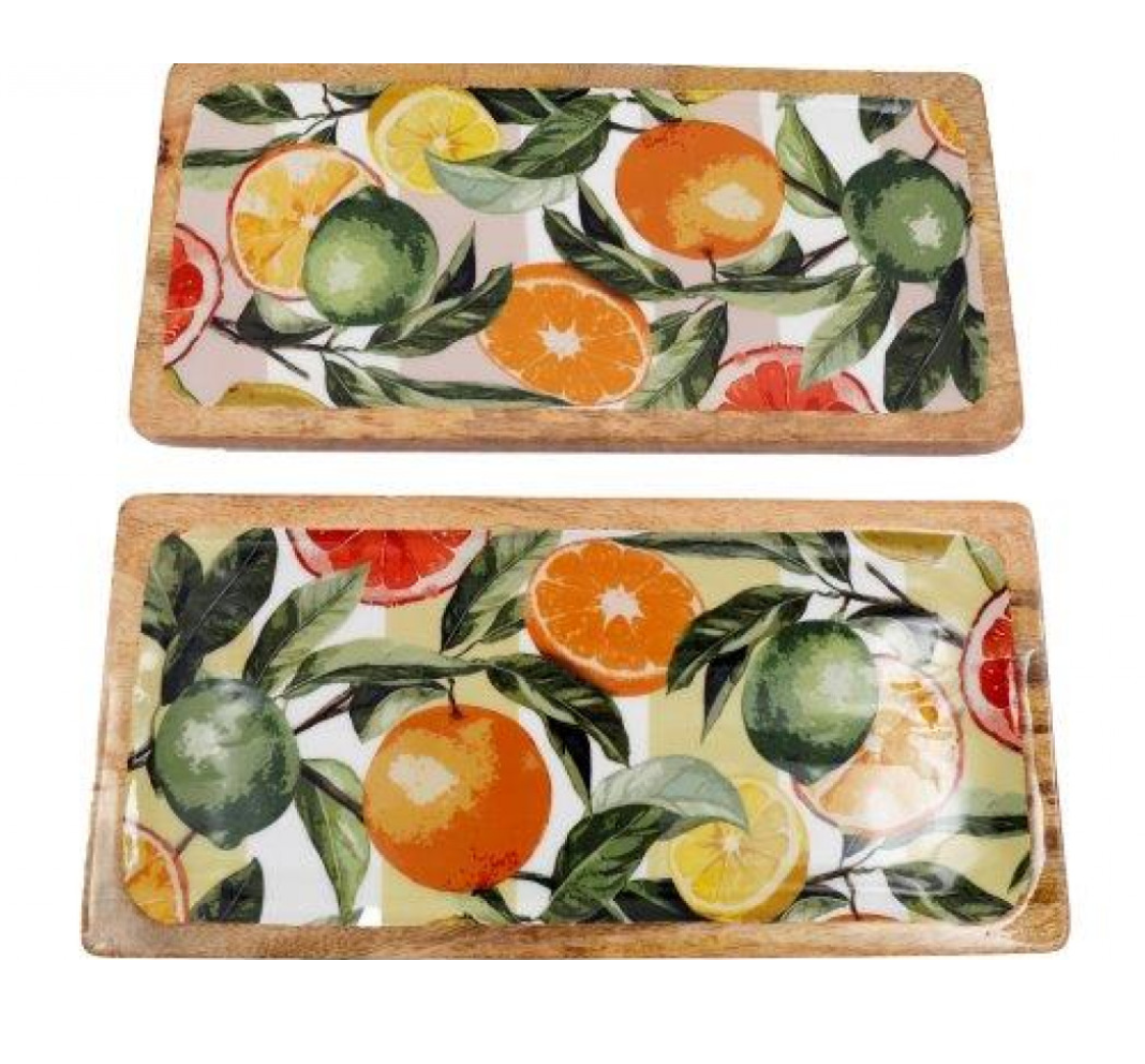 Two wooden trays with a fruit-themed design on a white background citrus enamelled tray
