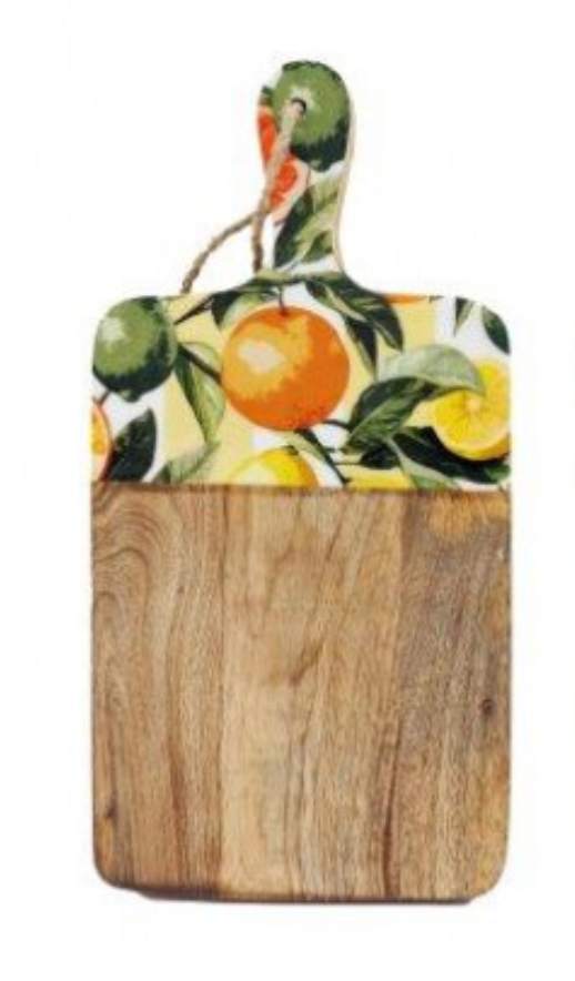 Wooden cutting board with a decorative handle featuring fruit design on a white background. Citrus Enamelled Board 30 cm