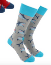 Gray socks with shark pattern and blue accents on a white background