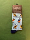 Sock Society bird-patterned sock on a green background