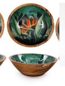  Wooden bowl with a green interior and floral design on a white background