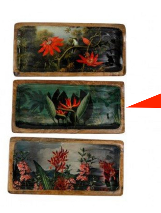 Three rectangular wooden panels with floral paintings on a white background