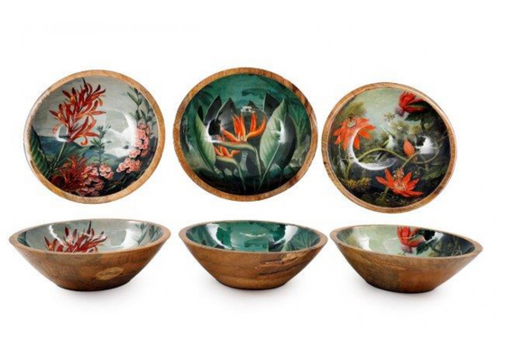 Set of six wooden bowls with floral designs on a white background