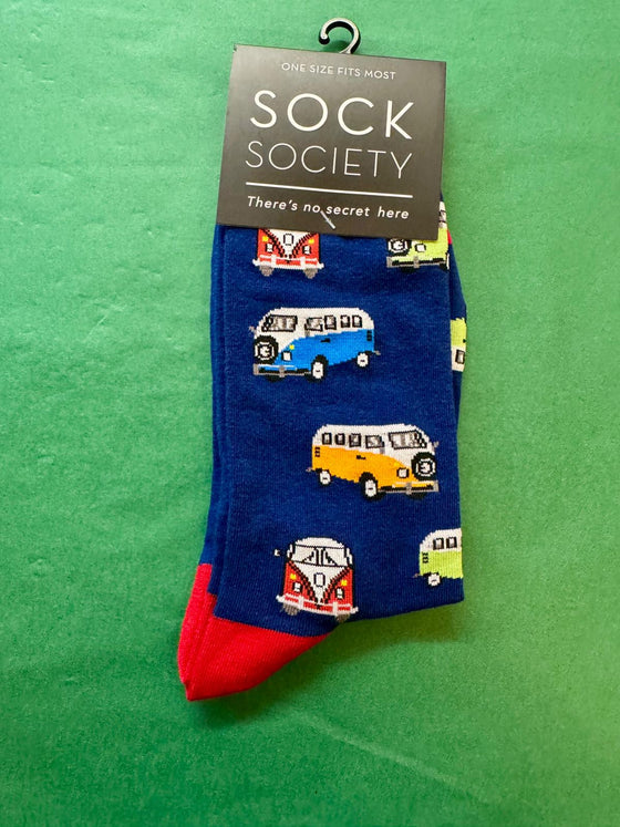 Pack of socks with camper van design on a green background, branded 'Sock Society'.