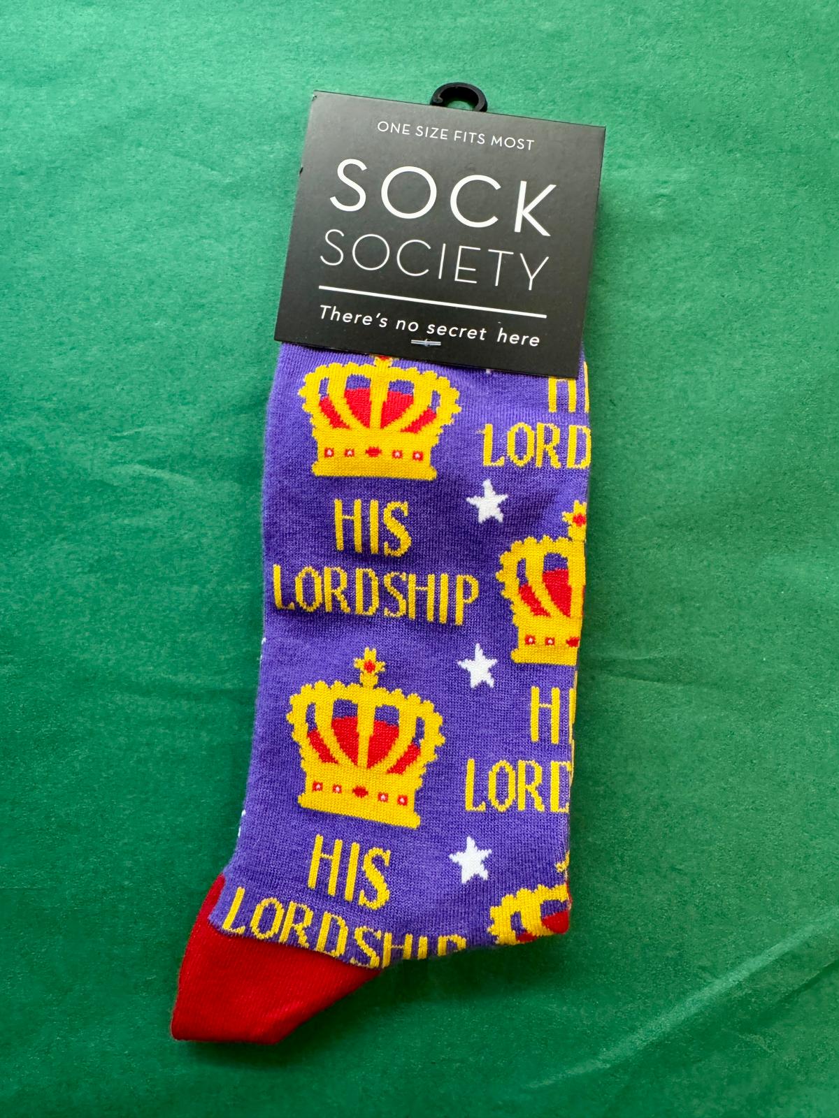 Purple socks with yellow crowns and 'His Lordship' text on a green background, branded as Sock Society.